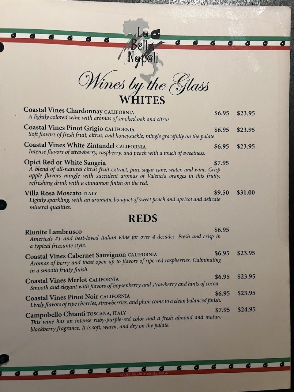 Printed menu with pasta and veal dishes.