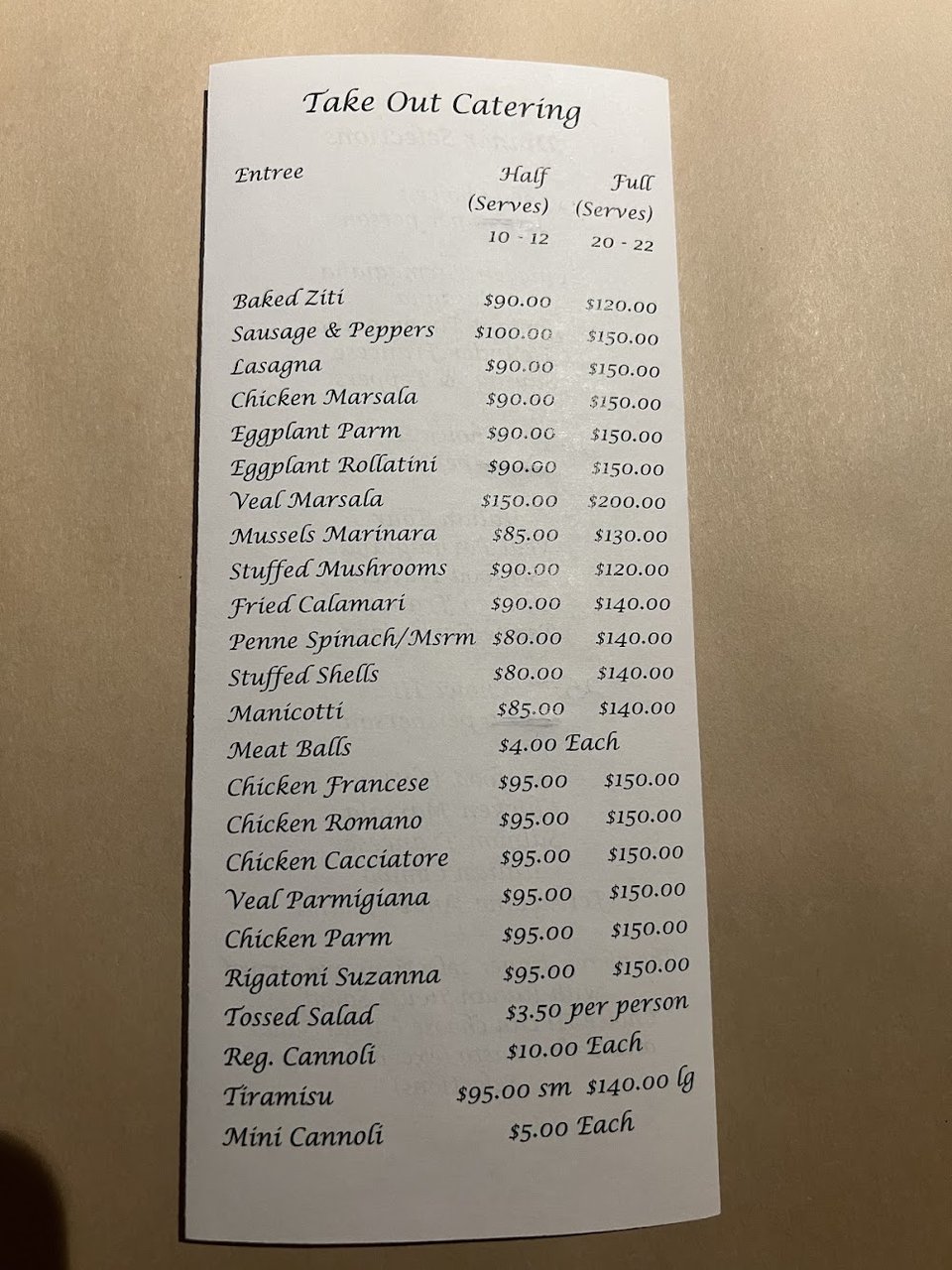 Italian menu page with appetizers and entrees.