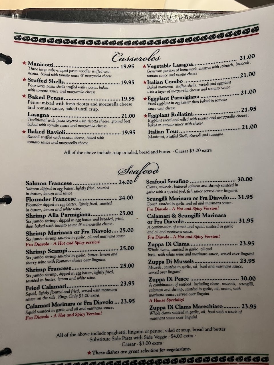 Menu layout featuring baked ziti and garlic bread.